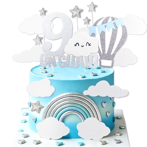 9th Birthday Cake Decorations - Silver Blue Cloud & Hot Air Balloon Theme Party Decor Set