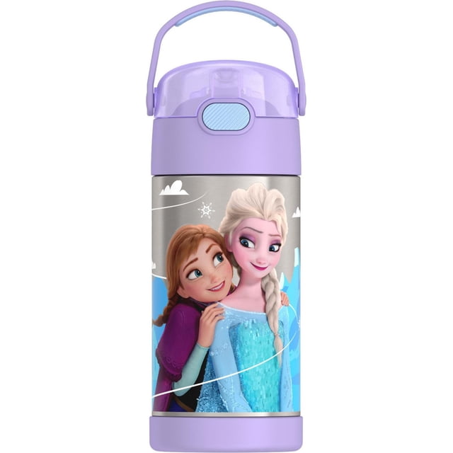 Thermos Kids Vacuum Insulated Funtainer Water Bottle with Flip Up Straw, 355ml, featuring Frozen characters Anna and Elsa on a stainless steel body with a purple push button lid, integrated carrying handle, and non-slip base, designed to keep drinks cold for up to 12 hours.