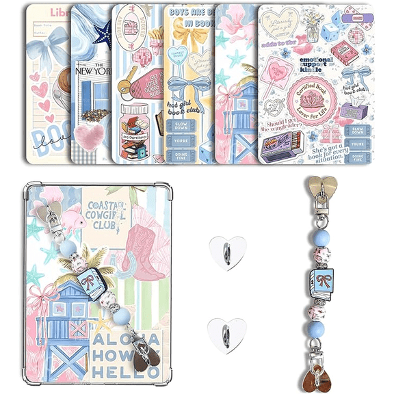 6 PCS 6.8” x 4.8” Clear Back Cover Inserts Compatible for Kindle Paper white 11th-12th Color Soft with Silicone Beaded Strap Charm, Accessories for Kindle E-reader (Style-Book)