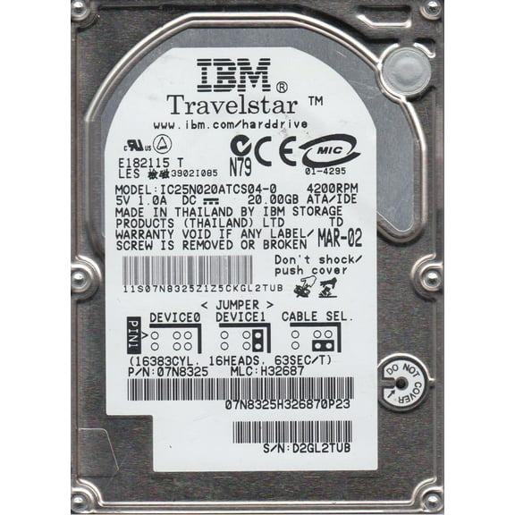 IC25N020ATCS04-0, PN 07N8325, MLC H32687, IBM 20GB IDE 2.5 Hard Drive