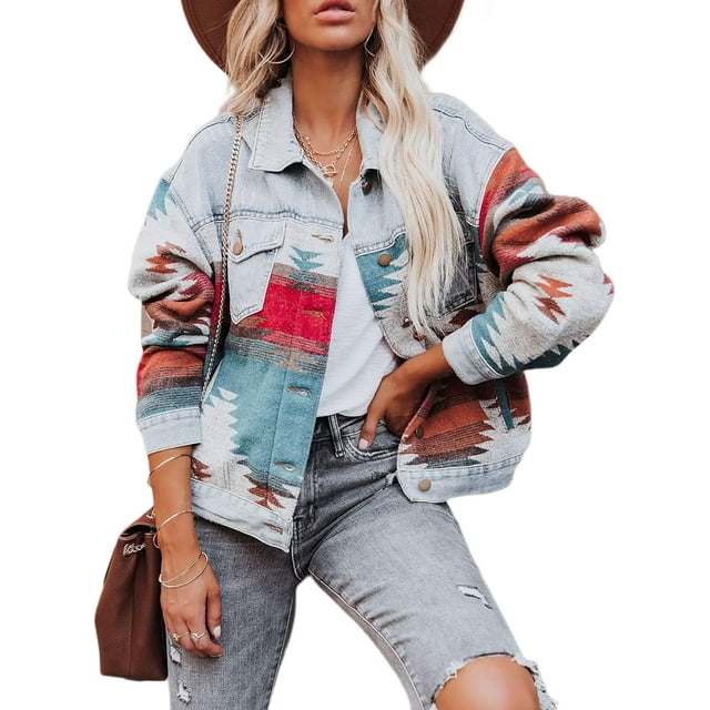 Womens Aztec Shacket Button Down Boho Western Retro Distressed Shirt Jacket