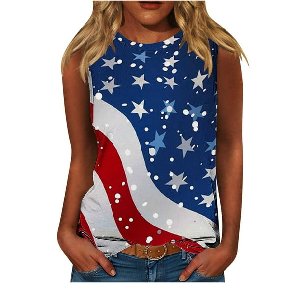 Womens Independence Day Tank Tops Plus Size American Flag Sleeveless Shirts Casual Crewneck Tunic Top Fashion USA Flag Star Stripes Graphic Camis Shirt Memorial Day Patriotic Outfits Summer Tops
