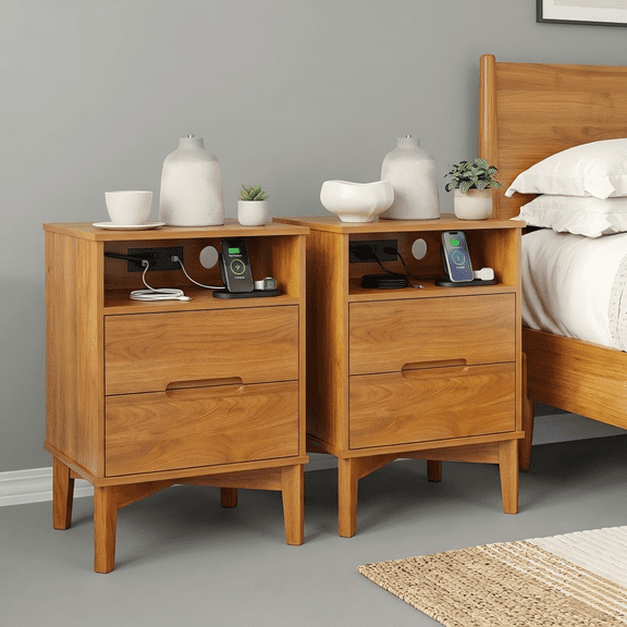 YAURA Wood Nightstand Set of 2 with Charging Station & USB-C, 26" Tall Mid Century Modern Bedside Table with Solid Wood Legs, Caramel Walnut Finish with 2 Drawers