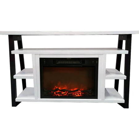 Hanover 32-In. Industrial Chic Electric Fireplace Heater with Charred Log Display and Remote Control  White/Black