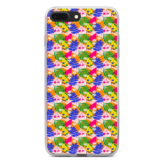 DistinctInk Clear Shockproof Hybrid Case for iPhone 7 PLUS / 8 PLUS (5.5" Screen) - TPU Bumper, Acrylic Back, Tempered Glass Screen Protector - Summer Vibes Floral Pattern Blue Orange Pink