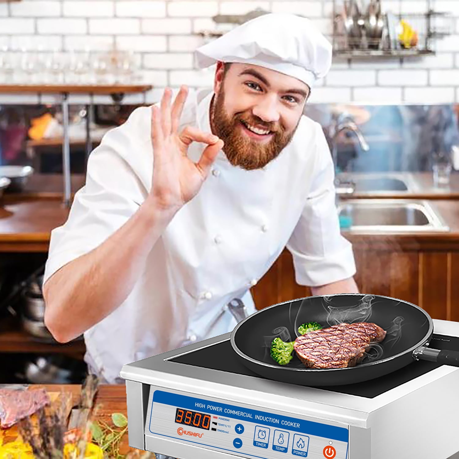 Open Box ChuShiFu 3500W 190V~275V Induction Cooktop Commercial Grade Range 18h Timer Electric Stove Burner Kitchen Restaurants Cooking 16 Level Temp&Power Ctrl