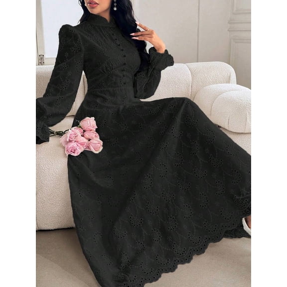 Black Eyelet Lace Maxi Dress With High Neck And Bell Sleeves
