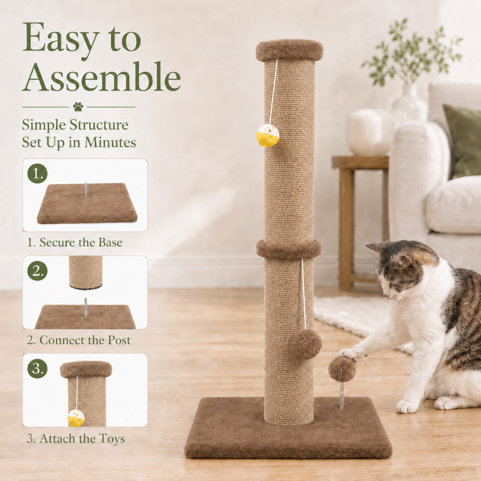 PELUOMOZ 36-Inch Cat Scratching Post for Indoor Cats, Brown Sisal Cat Scratcher with Plush Base and Interactive Toys