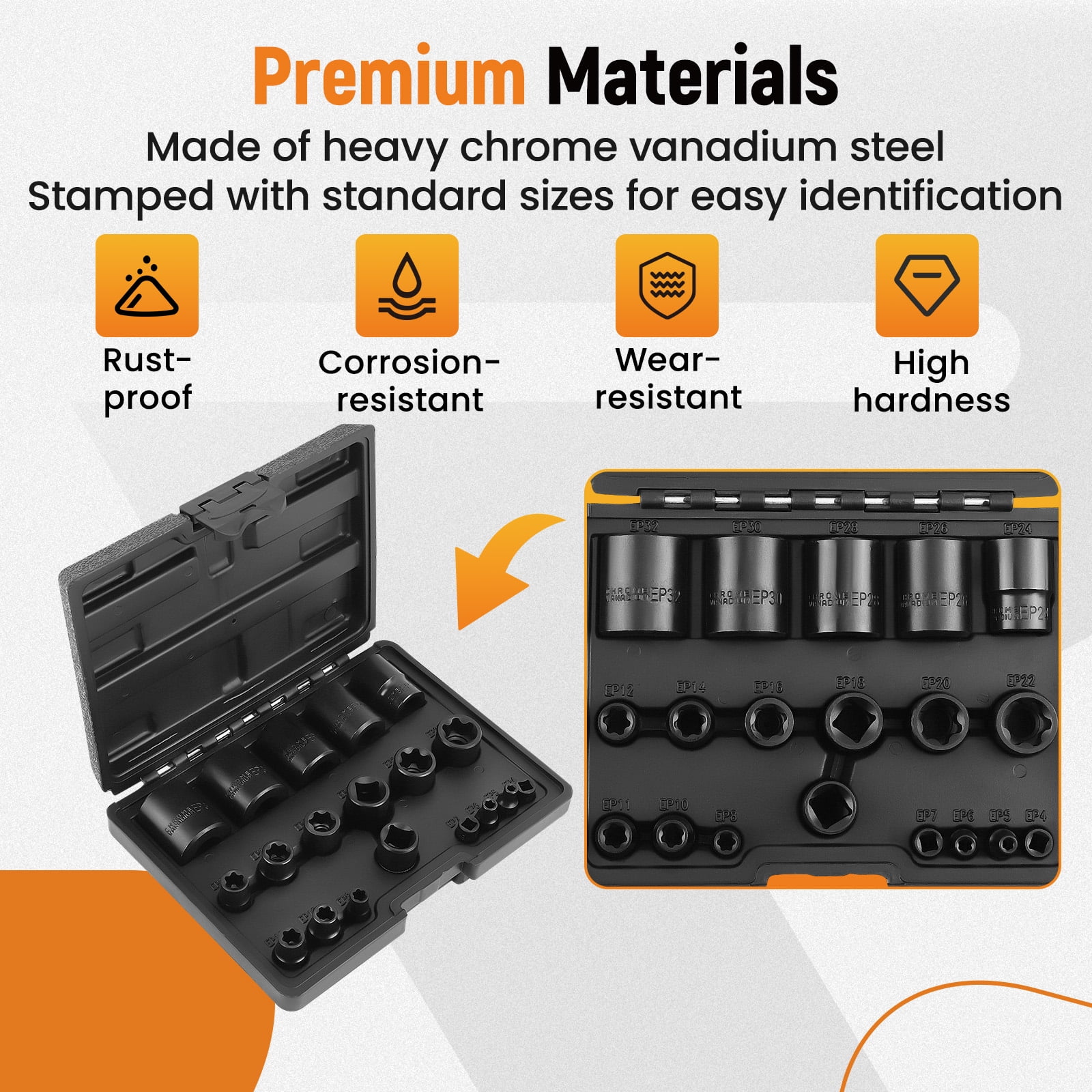maXpeedingrods 19PCS External Torx Plus Socket Set, 6 Point EP Socket EP4 - EP32 with 1/2'' 3/8'' 1/4'' Drive, 5 Point EP Socket 1/2'' EP8.8 Dr E-Torx Plus Set, External Torx Star Drive Socket Set