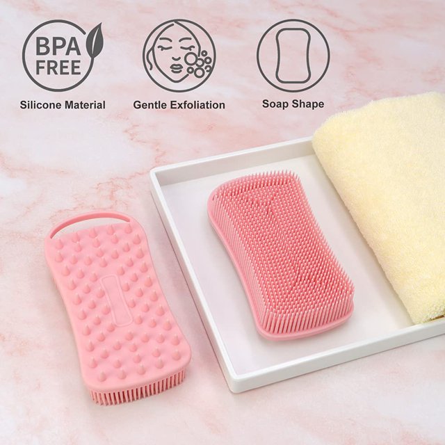 Depurador corporal de silicona, Depurador de ducha 2 en 1 para el cuerpo, Loofah de silicona suave para pieles sensibles, Cepillo de champú masajeador del cuero cabelludo, Cepillo corporal de doble cara, Espuma bien, Exfoliante suave (Rosa) brillar Electrónica