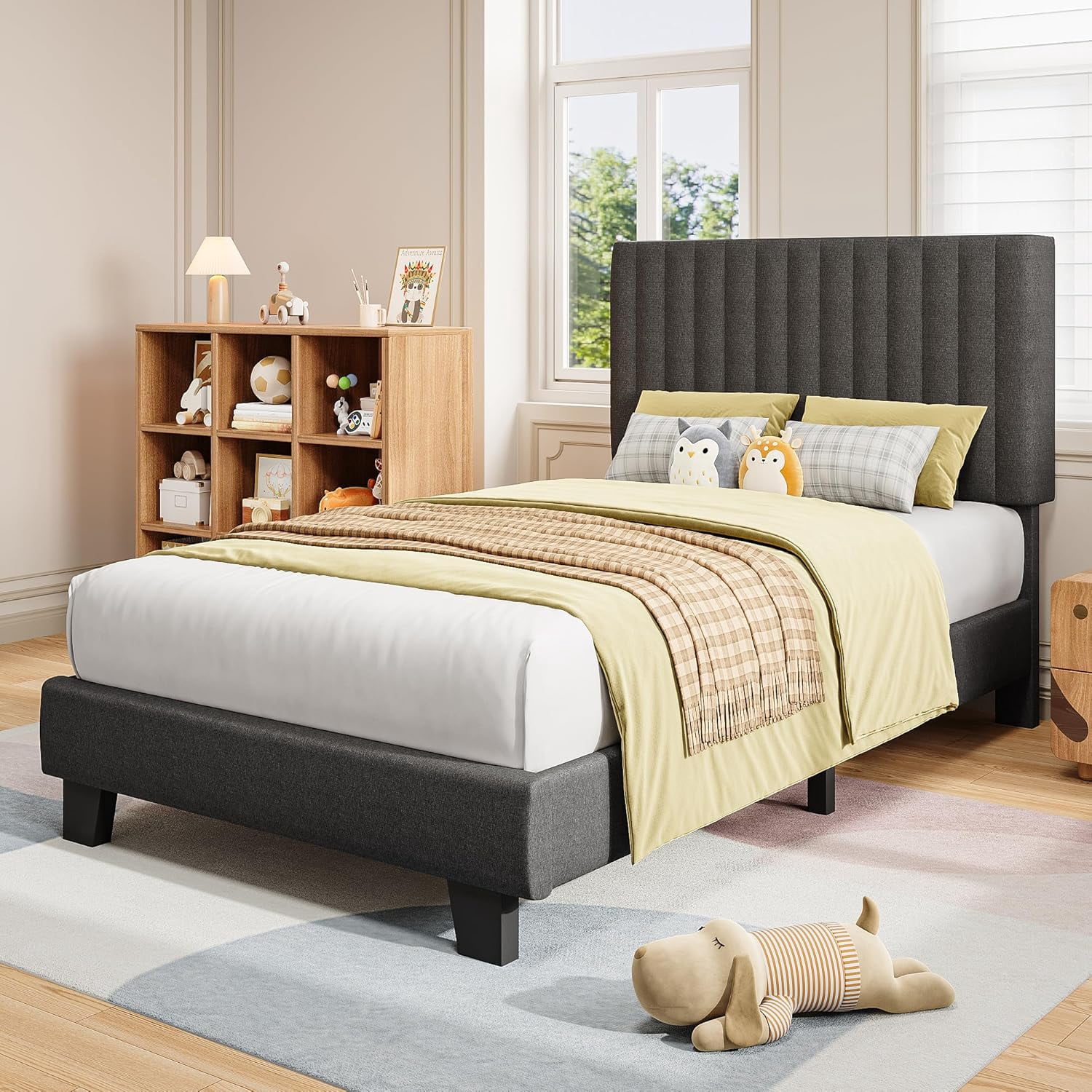 Honfach Twin Size Bed Frame, Upholstered Platform Bed with Velvet Headboard, Wide Bed Legs and Strong Wood Slats Support,Dark Grey
