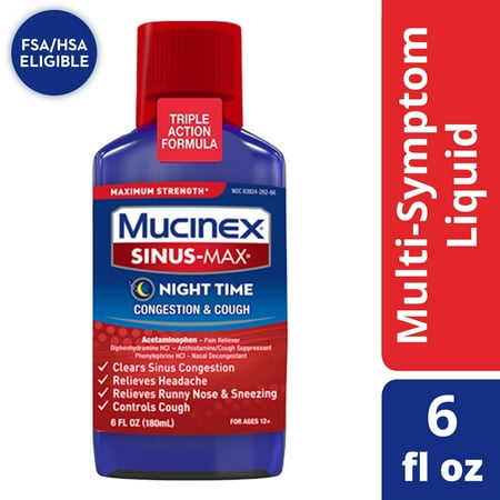 Mucinex Sinus-Max Adult Liquid Nighttime Relief, 6 Ounce