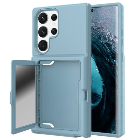 for Cute Galaxy S23 Ultra Case for Women with Credit Card Holder & Hidden Mirror, Two Layer Shockproof Heavy Duty Protection Cover Protective Wallet Case for Samsung Galaxy S23 Ultra, Blue