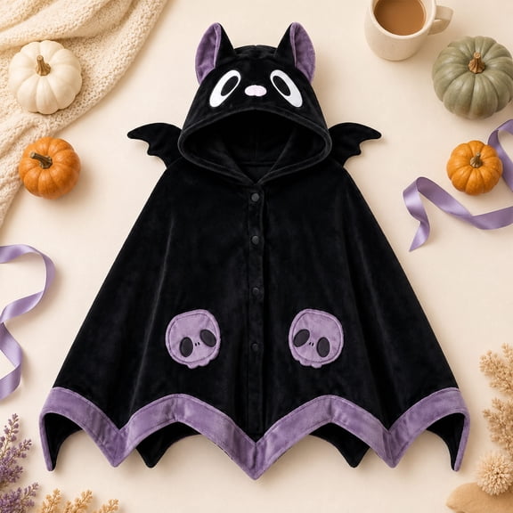 Bat Blanket Hoodie Wearable Soft Fleece Cape for Halloween Cosplay Cute Bat Wings Hooded Throw for Women Adults