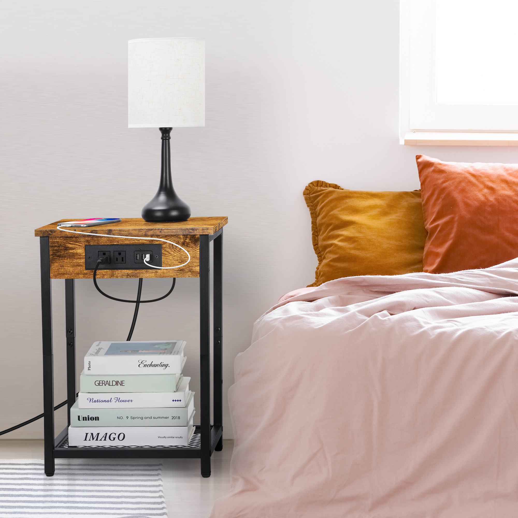 Oumilen Adult Nightstand End Table with Charging Station Rustic Brown, Set of 2