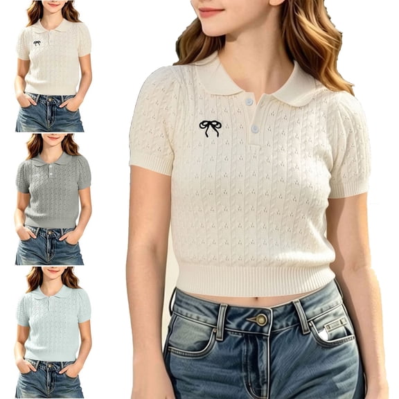 WAVSUF Girls Knit Short Sleeve Tee, Breathable Henley Neck Trendy Bow Summer School Soft Sweater Beige 10-12