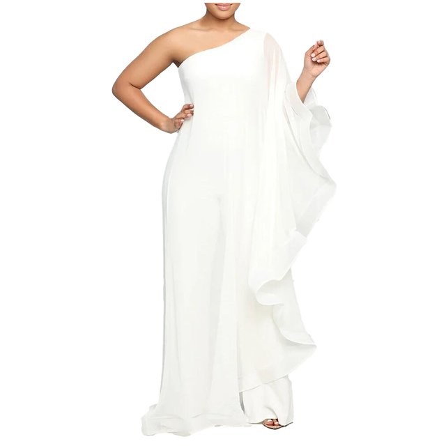 Combinaisons pour Femmes à une Épaule Soirée Cocktail Semi-Formelle Robe Maxi Pantalon Ensemble de Survêtement 2 Pcs S-111 Blanc m