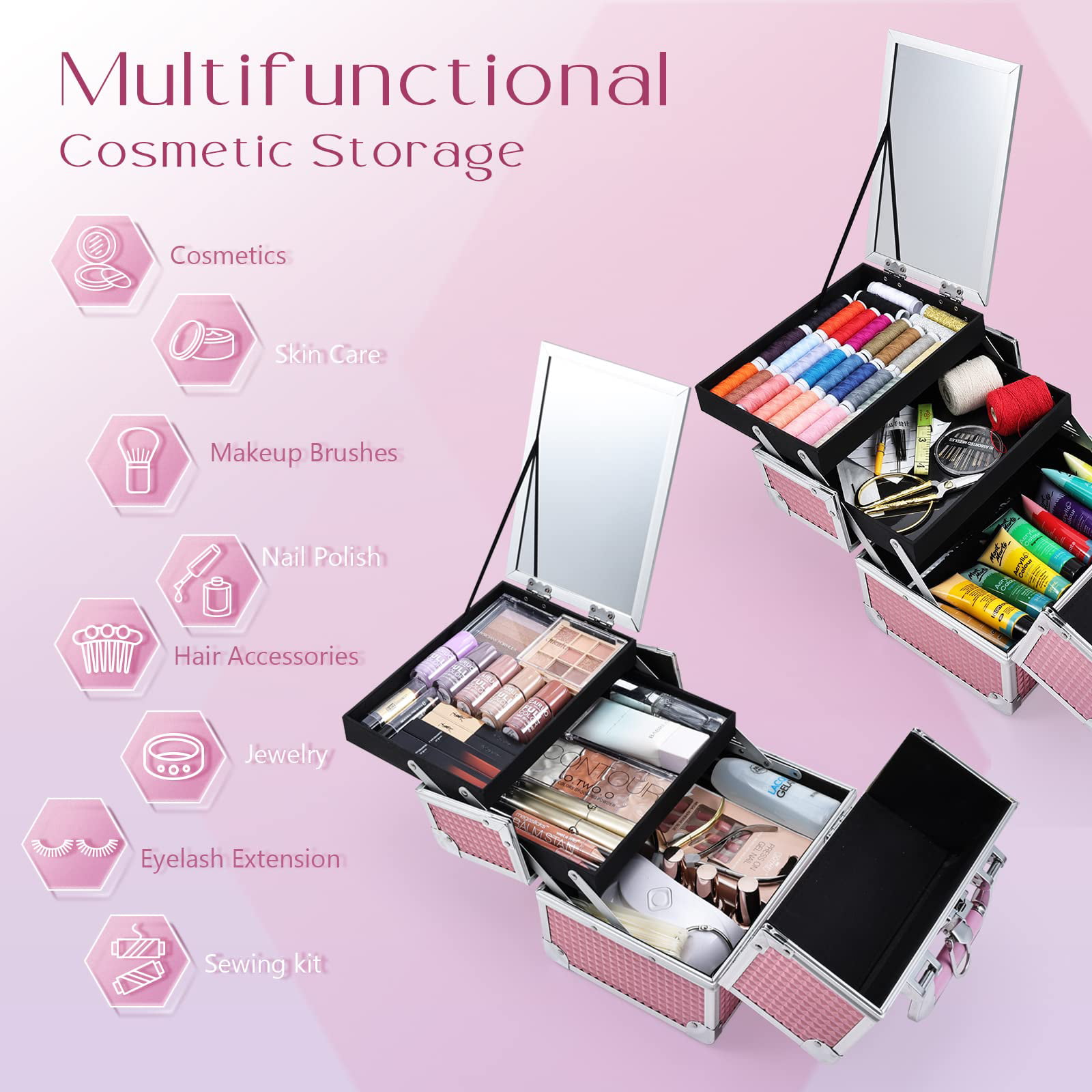 Joligrace Makeup Train Case Cosmetics Box with Mirror Lockable 2