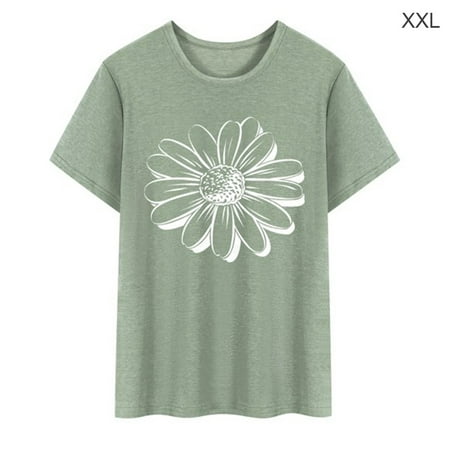 Women T-shirt Sunflower Printed Casual Blouse Short Sleeve Top, Black, M