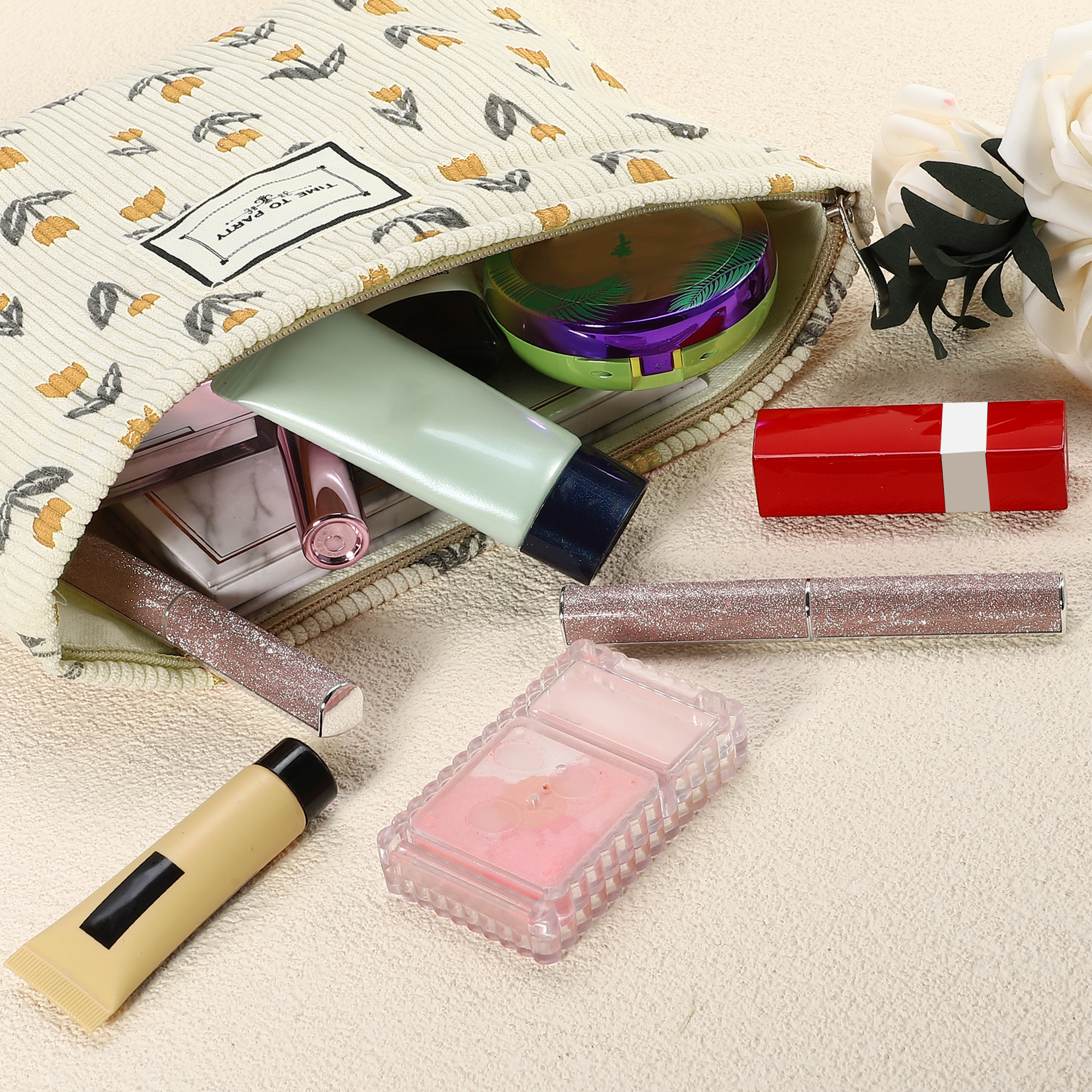 Unique Bargains Floral Makeup BagLarge Capacity Cosmetic Pouch Beige Orange