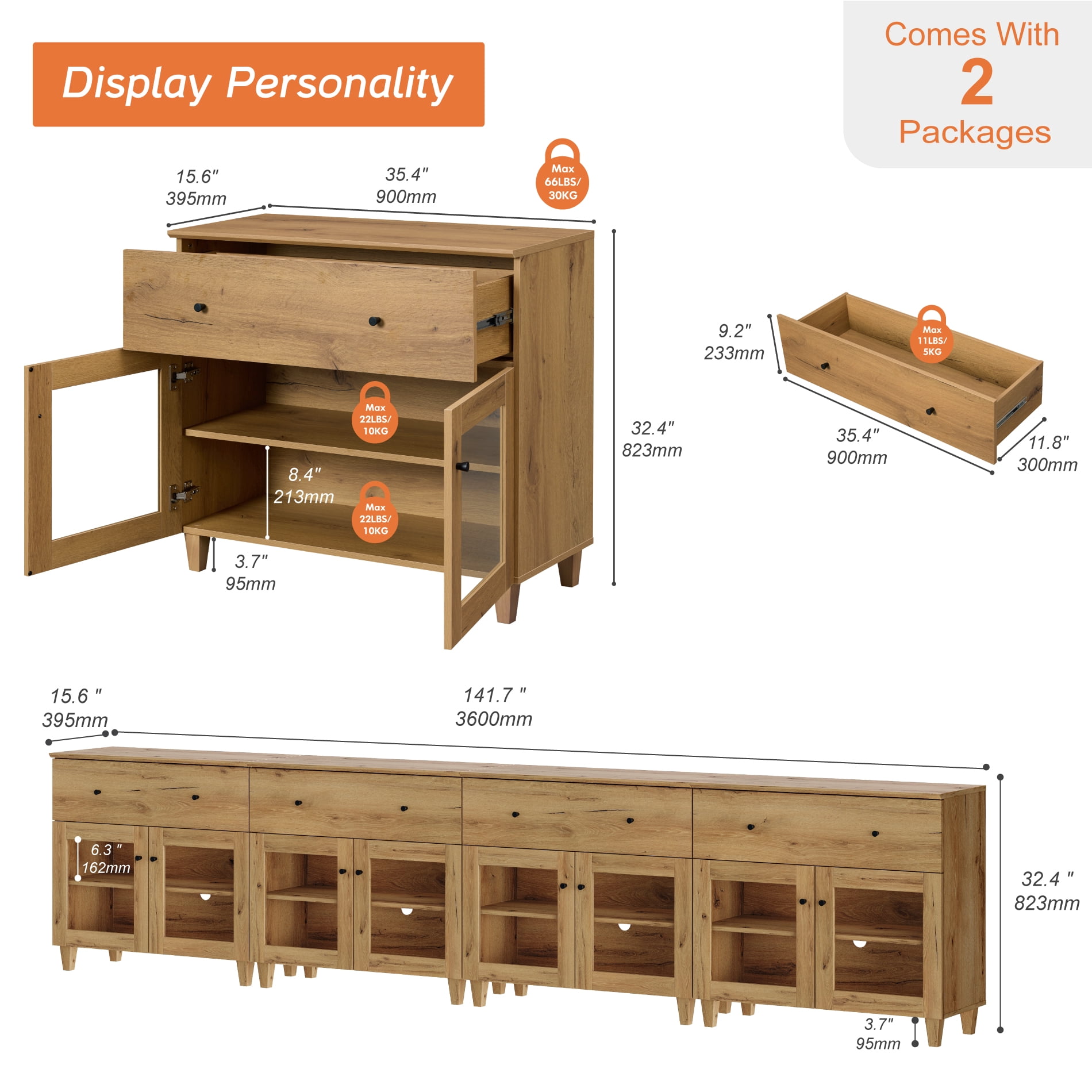 Modern Glass‑Door Dresser Cabinet, Bedroom Organizer – Wide Drawer, Fixed Shelf, Anti‑Tip, Oak Brown, 142" W