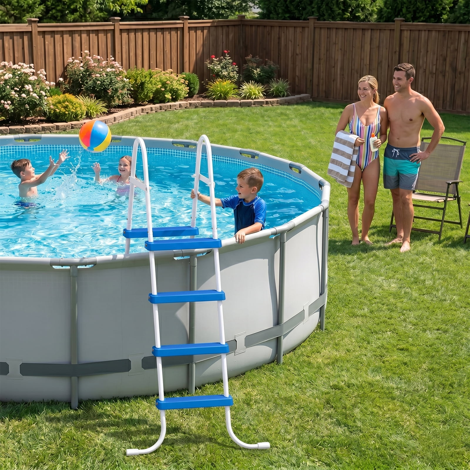 4-Step 52in Iron Pool Ladder (White Frame + Blue Steps)