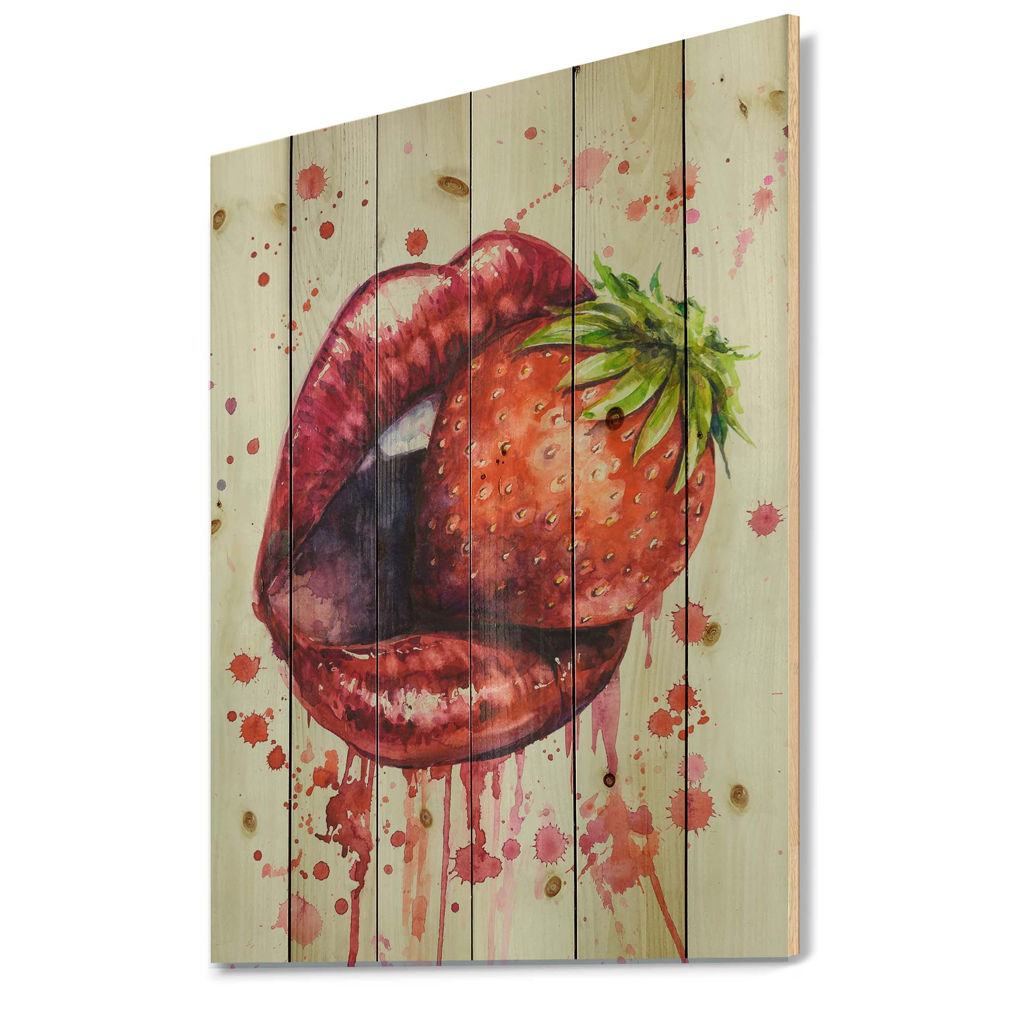 Designart 'Red Girl Lips Eating A Strawberry' Modern Print on Natural Pine Wood