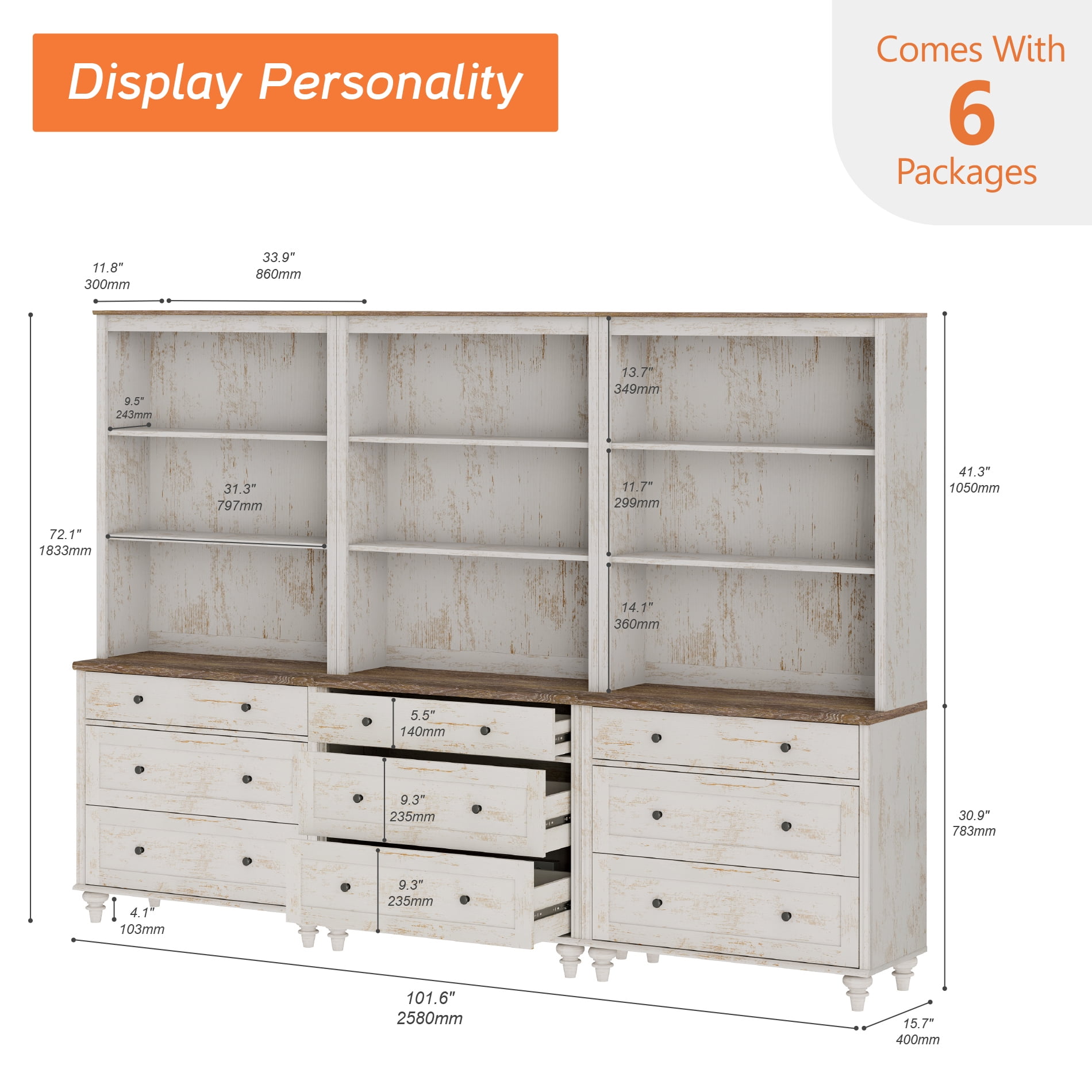 Farmhouse 5 Tier Bookcase With 9 Drawers, Rustic White, 101.6" W