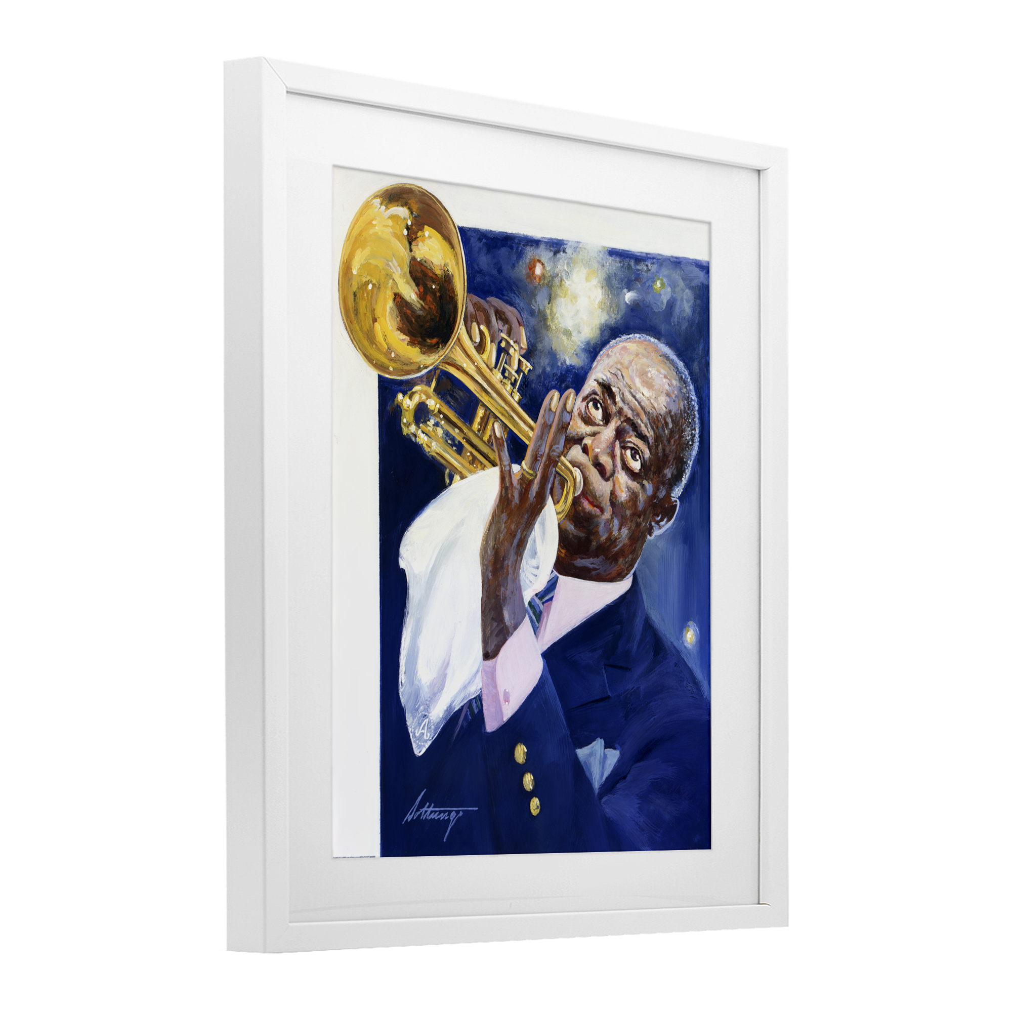 Louis Armstrong Portrait White Framed Print Under Glass, design by Wind River Studios