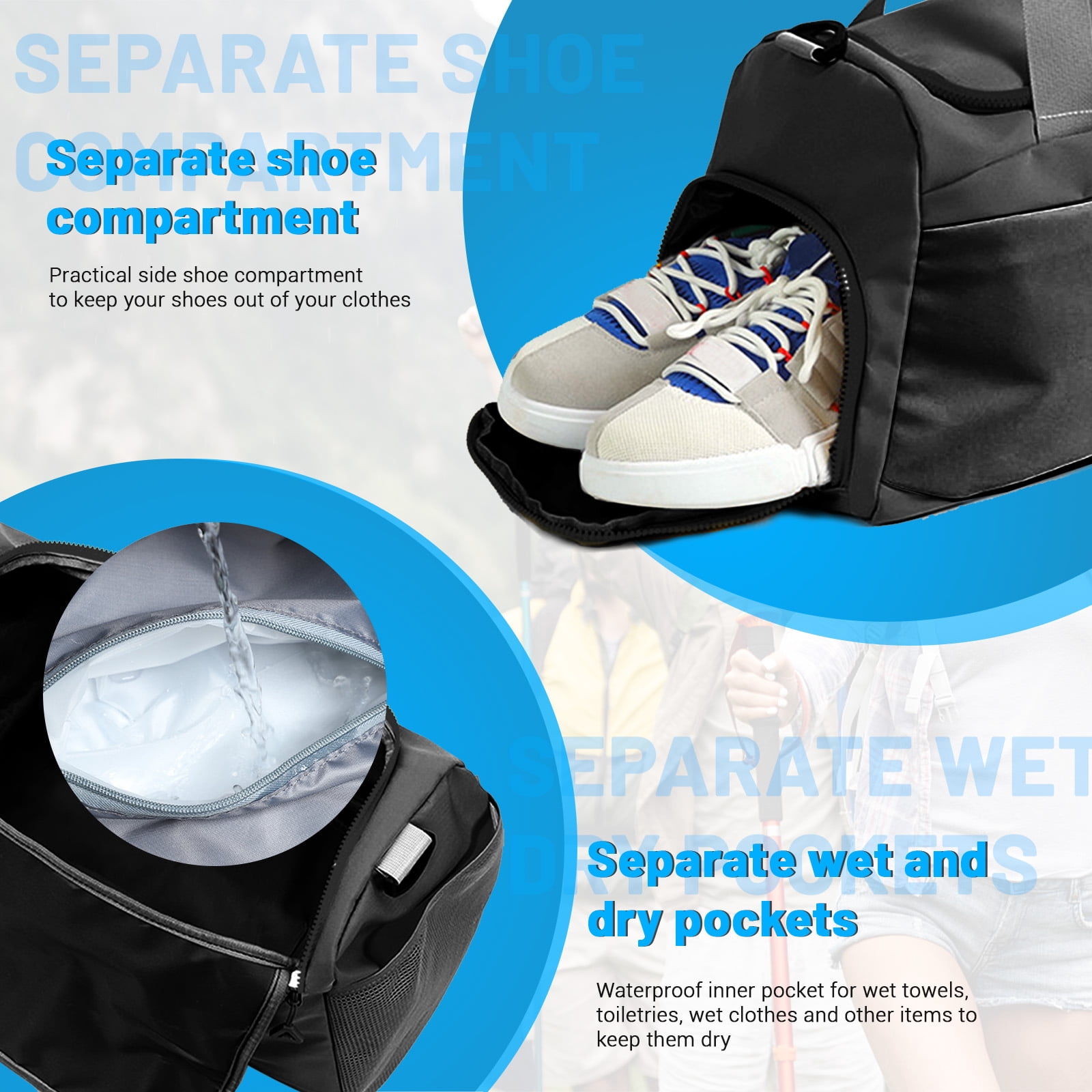 Sports Gym Bag with Wet Pocket & Shoe Compartment, Waterproof Travel Duffel Bags for Women Men, Weekender Carry on Overnight Tote Workout Bag for Yoga Swimming Hospital (Black)