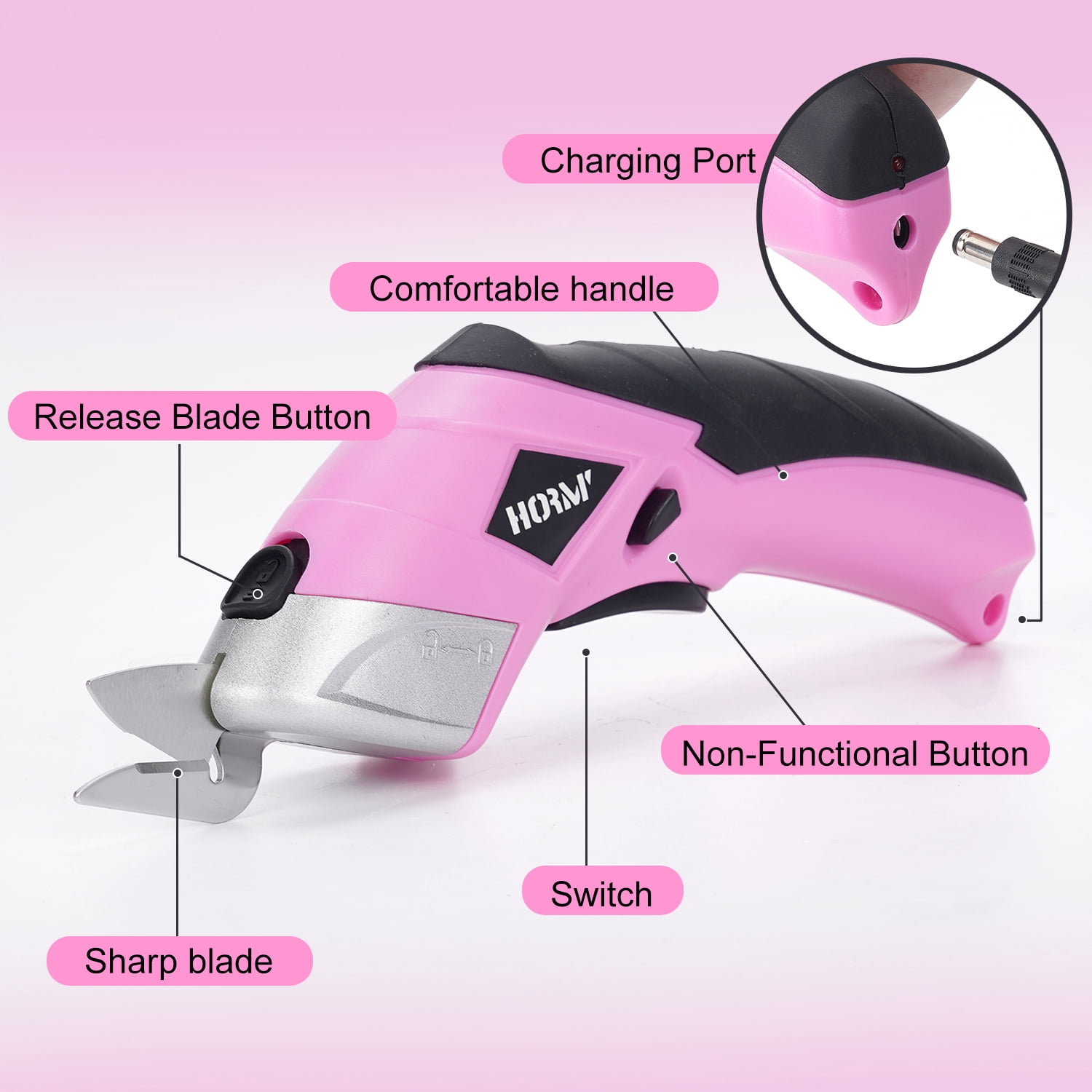 HORMY Cordless Electric Scissors with Two Blades, 3.6V Super Scissors Rechargeable with USB Charge Cable, for Cardboard Cutting Fabric Paper, Pink