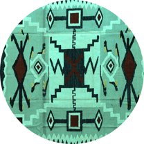 Ahgly Company Machine Washable Indoor Round Southwestern Turquoise Blue Country Area Rugs, 7' Round