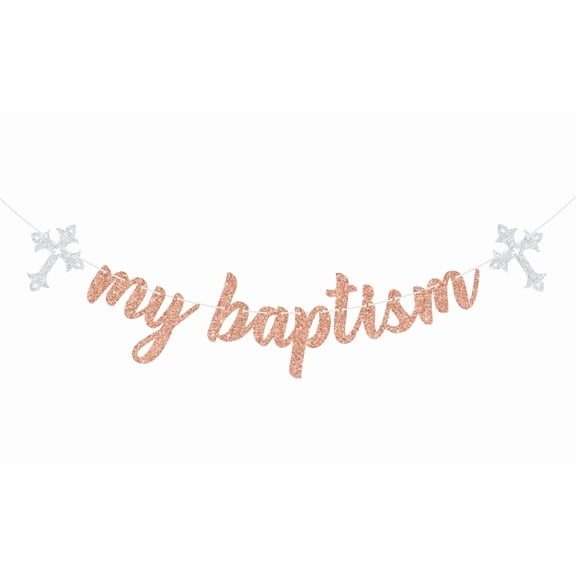 My Baptism Banner, Religious Baby Shower Decoration, God Bless This Child, First Holy Communion Party Decoration, Christening Baptism Banner Rose Gold Glitter
