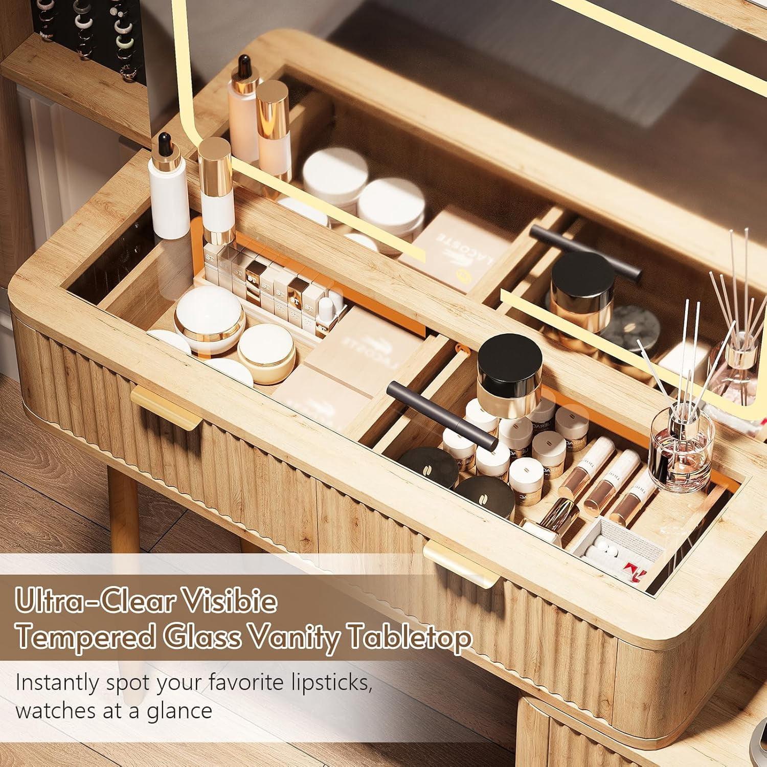 LAZZO 48" Wood Vanity with Glass Top, 3-Color Lights Mirror, Sliding Jewelry Organizer & Charging Station, Oak