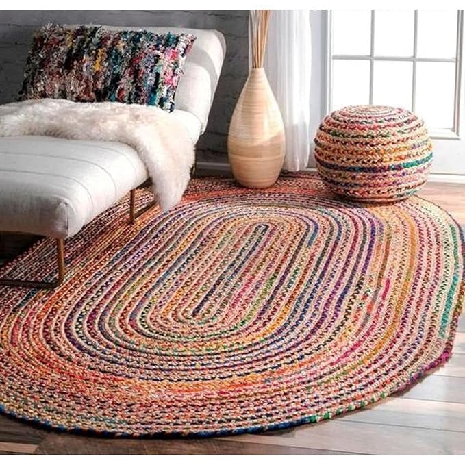 FibreGold Handcrafted Jute And Chindi Oval Rug- Vintage Area Rug for Living Room, Bedroom, Or Office