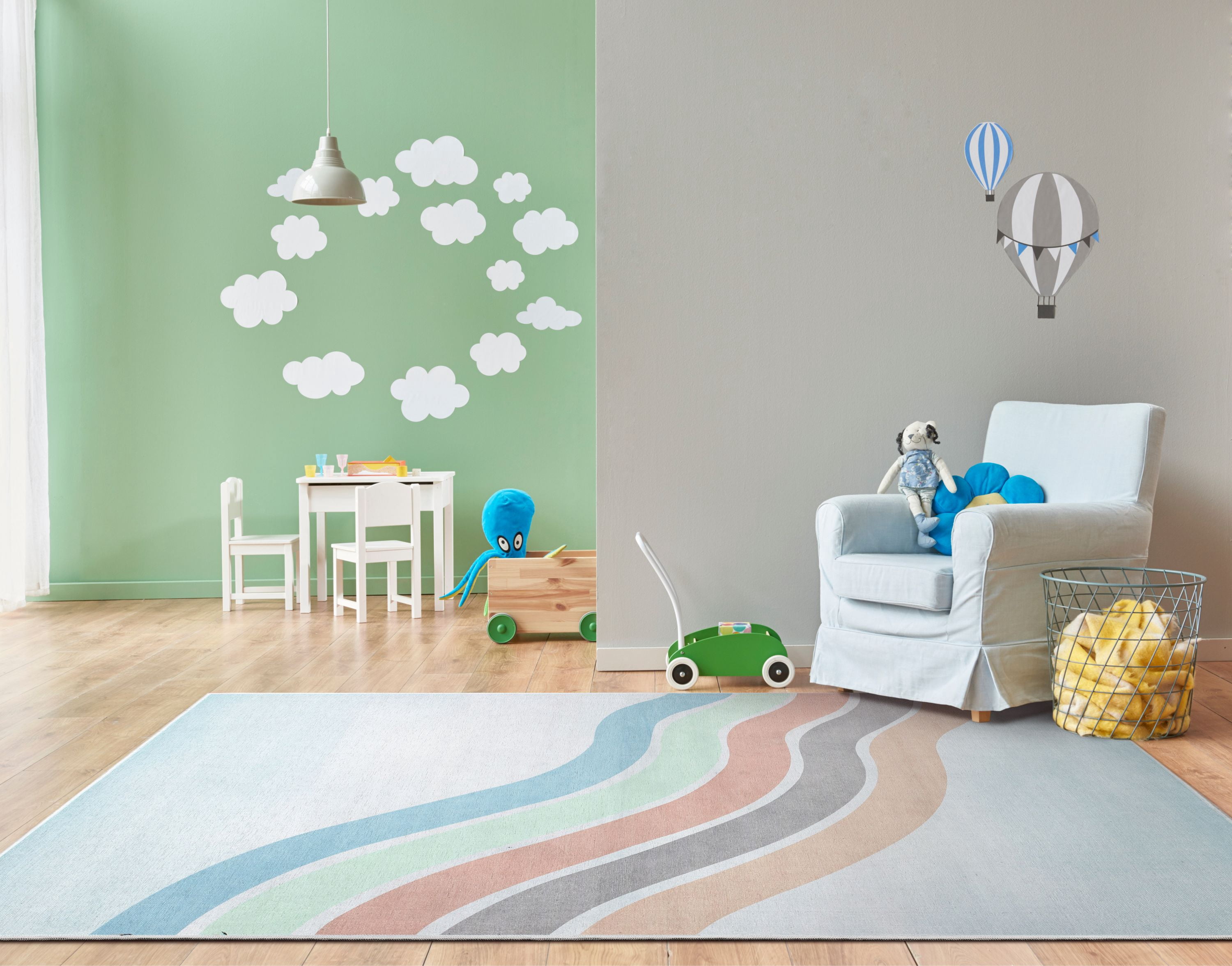 Well Woven Kids Rugs Curved Rainbow Modern Multi Color Printed Distressed Machine Washable 5' x 7' Area Rug