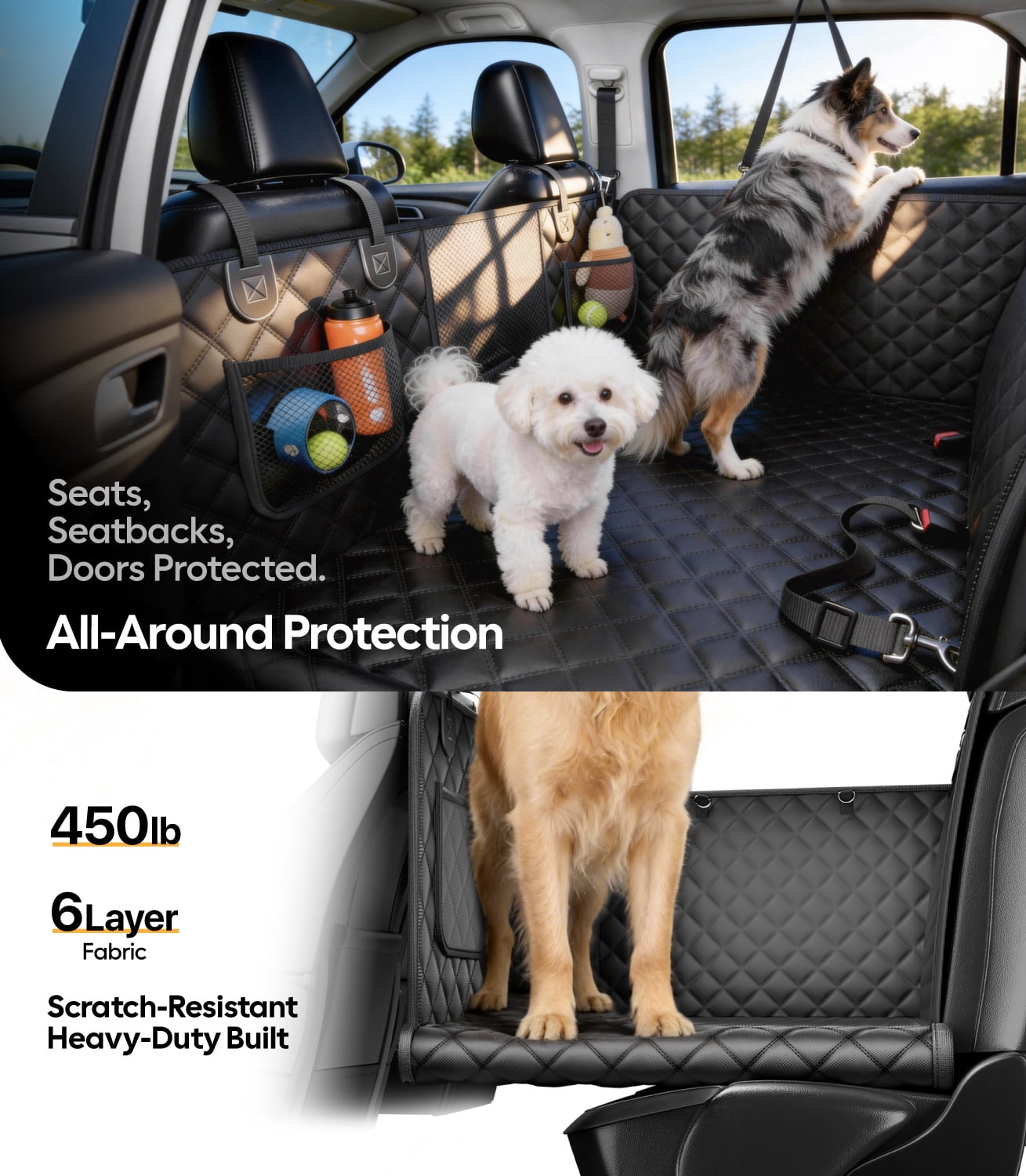Witem Heavy-Duty Dog Car Back Seat Cover, Flat Solid Hard-Base Extender for 2-3 Large Dogs, Waterproof Scrachproof Hammock Protector for Full-Size Crew Cab Trucks & SUVs, XL, Black