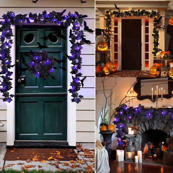 THOPBPRK 6.5ft Artificial Maple Leaf Garland with 36 LED Lights for Fall Decor, Thanksgiving and Halloween Home Decorations, Battery-Operated Fireplace Mantle Foliage Vine, Purple