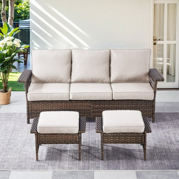 PARKWELL 3-Piece Patio Sofa Couch with Cushioned Ottoman Seat Foot Rest,Outdoor Rattan Wicker Conversation Furniture Sets,Beige