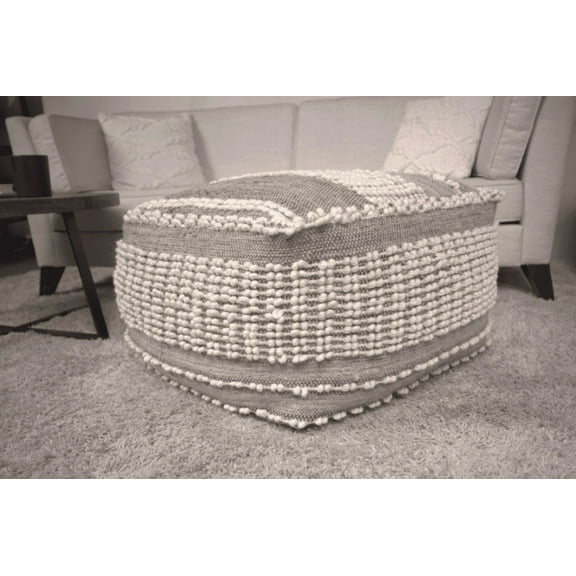 Rustic Wool & Cotton Large Pouf in Brown - Handcrafted with Tufted Design | Fully Assembled | Spot Clean Only