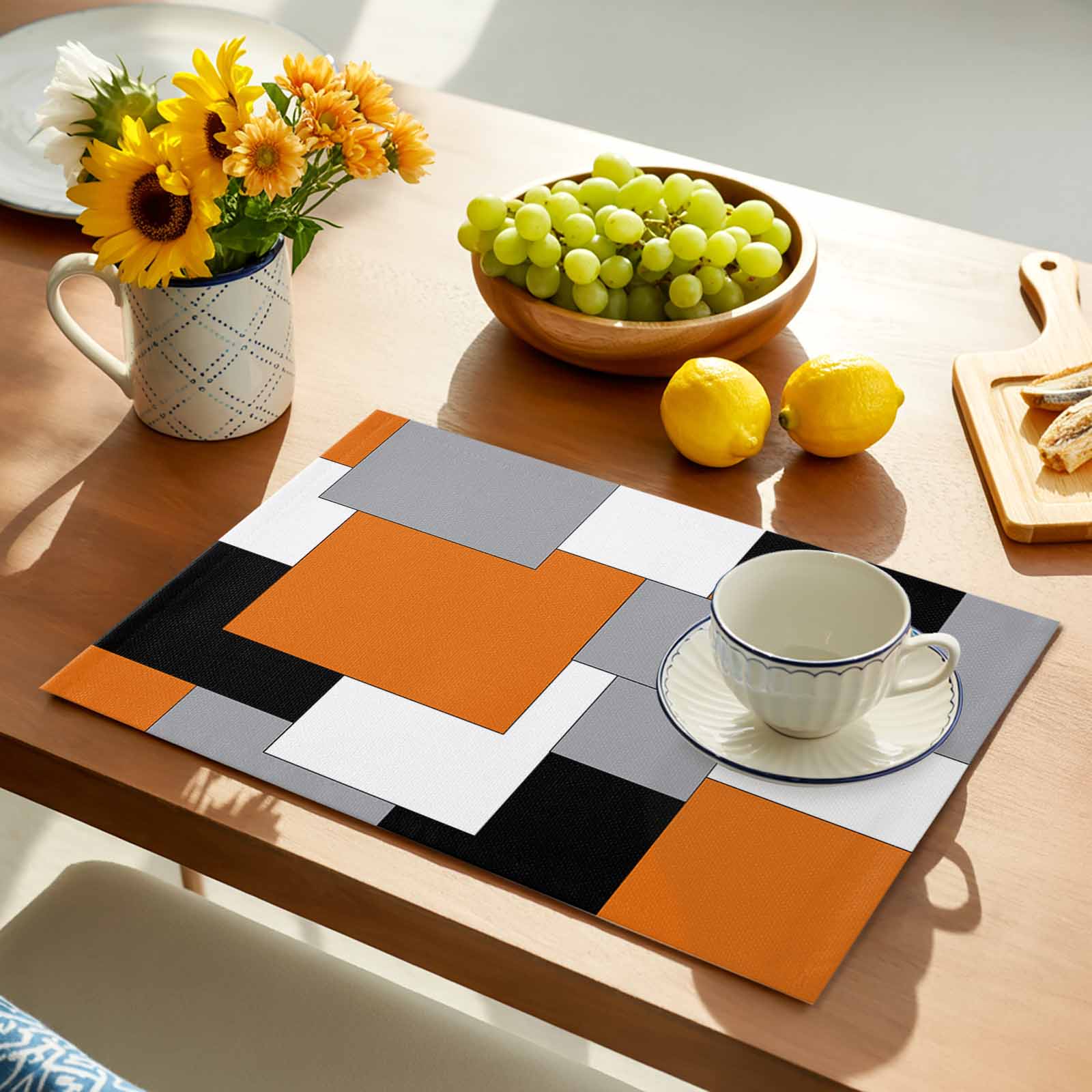 Orange Black Grey Placemats Set of 4, Middle Century Irregular Geo Abstract Art Placemats for Dining Table, Place Mats for Kitchen Tabletop, Waterproof Wipeable Dining Table Mats Set