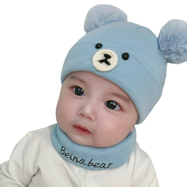 Ensemble de 2 Pcs Chapeau Cache-Cou pour Bébés 3-18 Mois Tricoté à Double Pompons Ours Dessin Animé Extensible Épaissi Résistant au Froid Ultra Doux Automne Hiver Filles Garçons Enfants Tuque Bonnet Foulard Kit pour l'Extérieur