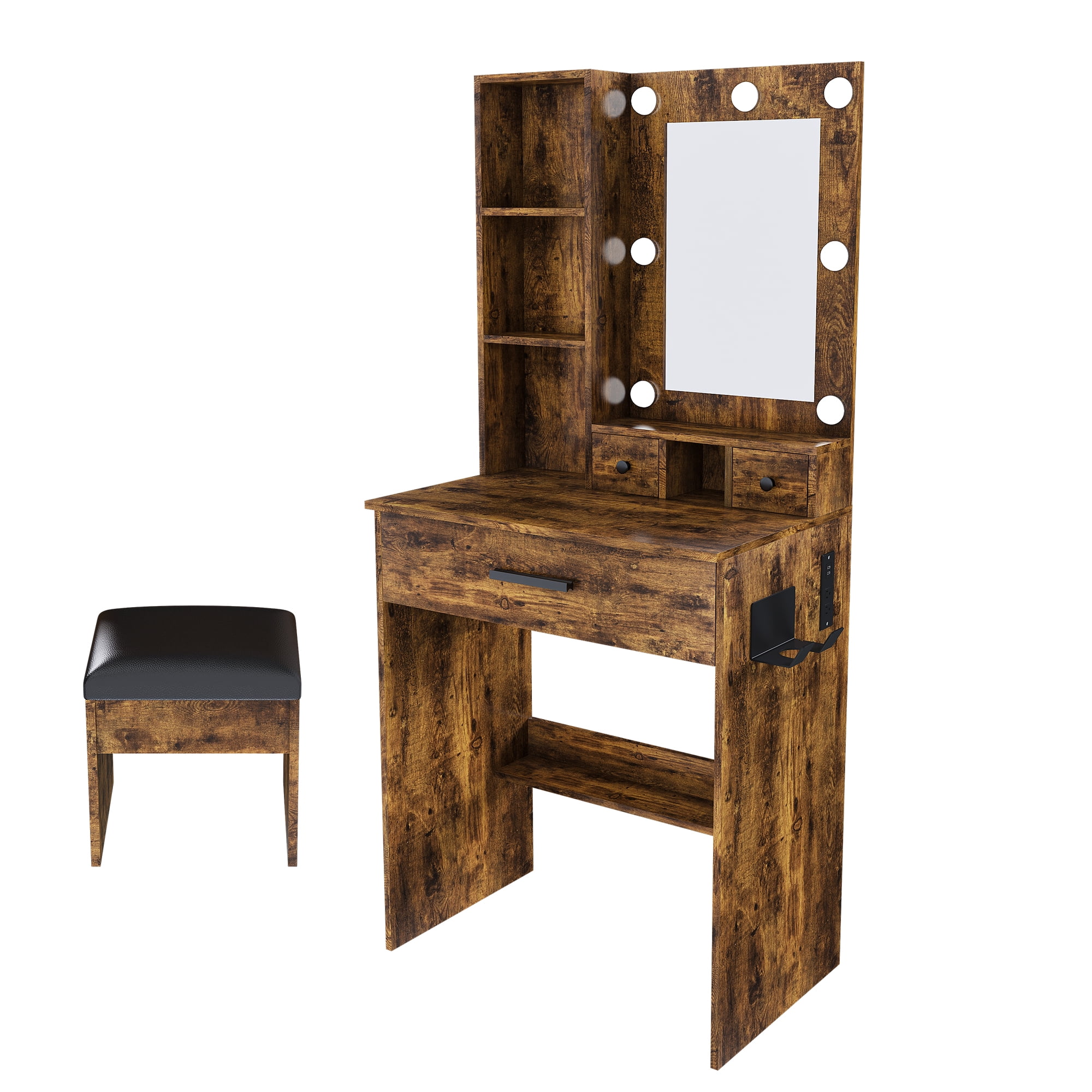 Mintazer 52" Vanity Desk with LED Mirror & Power Outlet, Makeup Vanity Table with Drawers, Open Shelves & Hair Dryer Holder, Stool, Brown