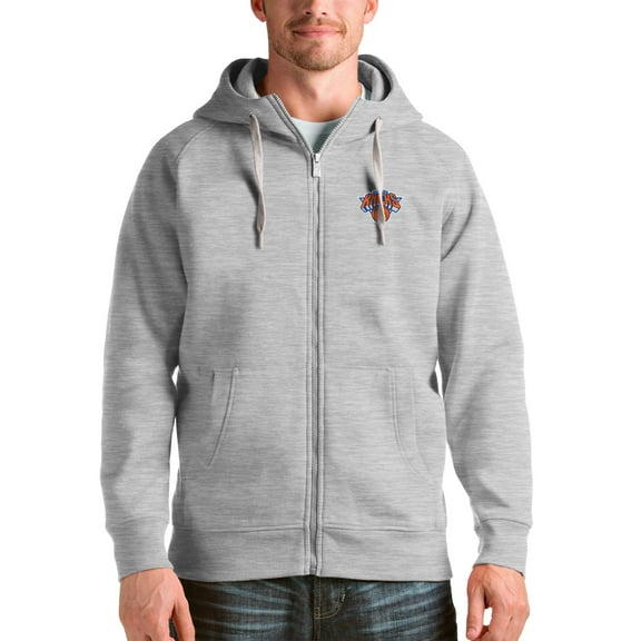 Men's Antigua Heathered Gray New York Knicks Logo Victory Full-Zip Hoodie