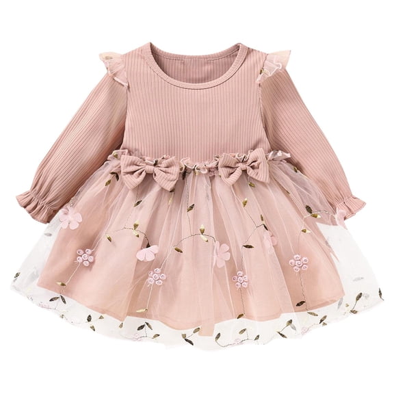 vdgthytj Toddler Baby Girl Clothes Fall Dress Crew Neck Long Sleeve Tulle Patchwork A-Line Birthday Party Dress