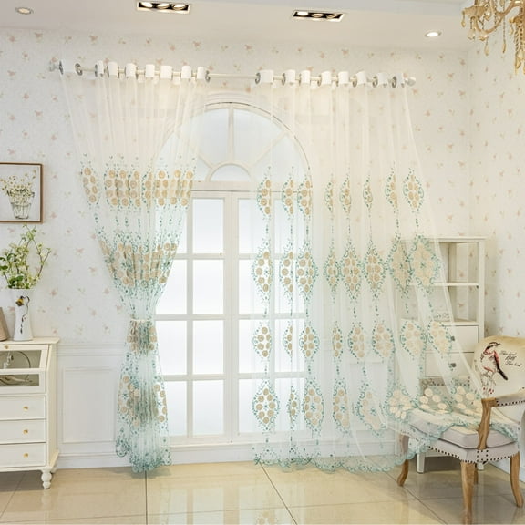 Sunyuer Exquisite European Embroidered Blue Floral Sheer Curtains Transparent Voile Window Treatment Drapes for Living Room/Hall/Villa Room Decoration Tulle Curtain 2 Panel