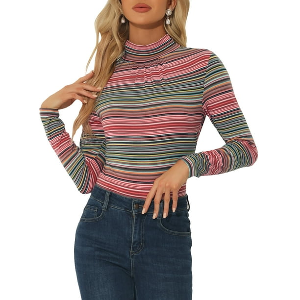 INSPIRAR CHIC Blusa de Mujer Ajustada Cuello Alto con Pliegues en la Parte Frontal de Manga Larga Top de Punto Rayas Rojas