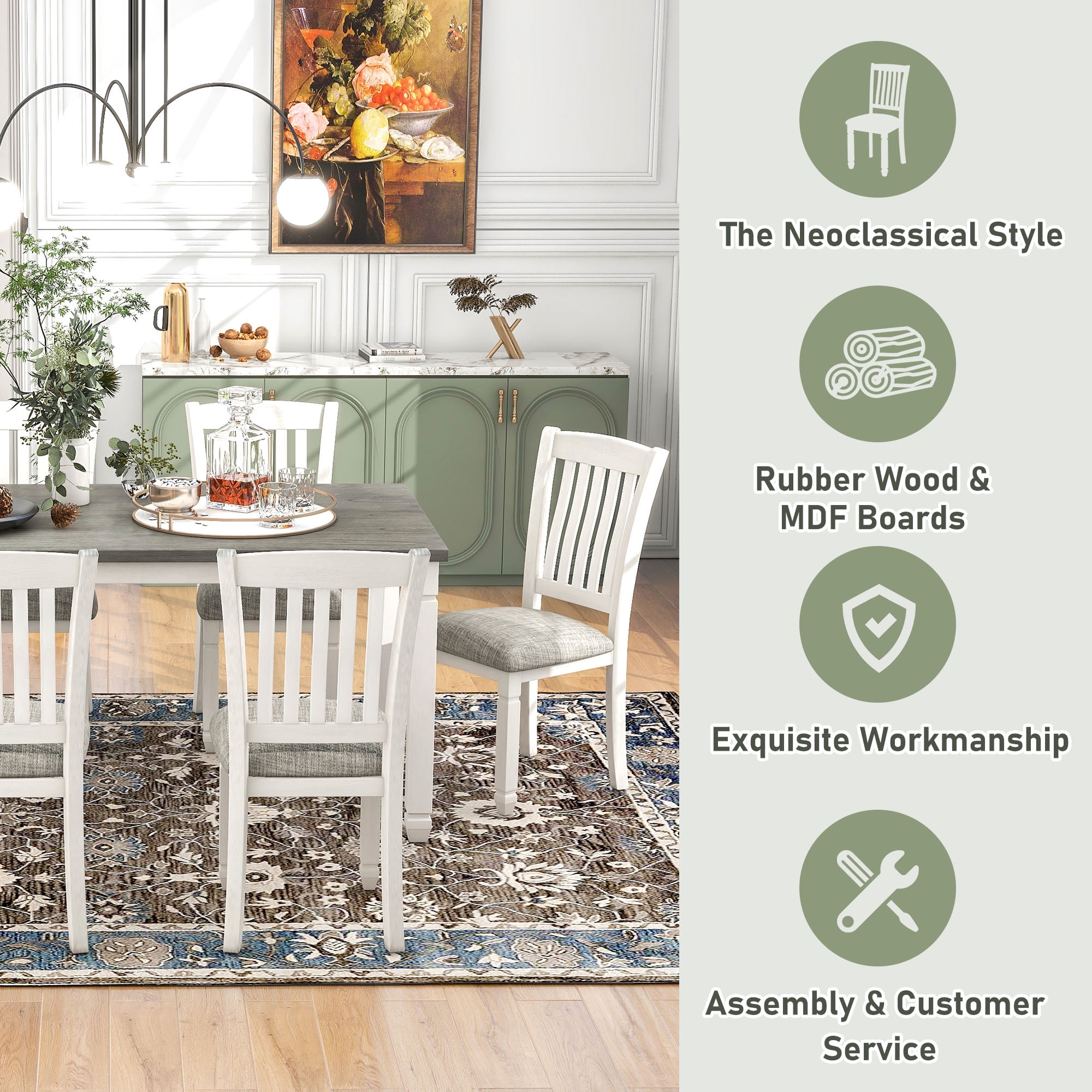 Harper & Bright Designs 7-Piece Dining Table Set Wood Dining Table and 6 Upholstered Chairs with Shaped Legs for Dining Room/Living Room Furniture (Gray+White)