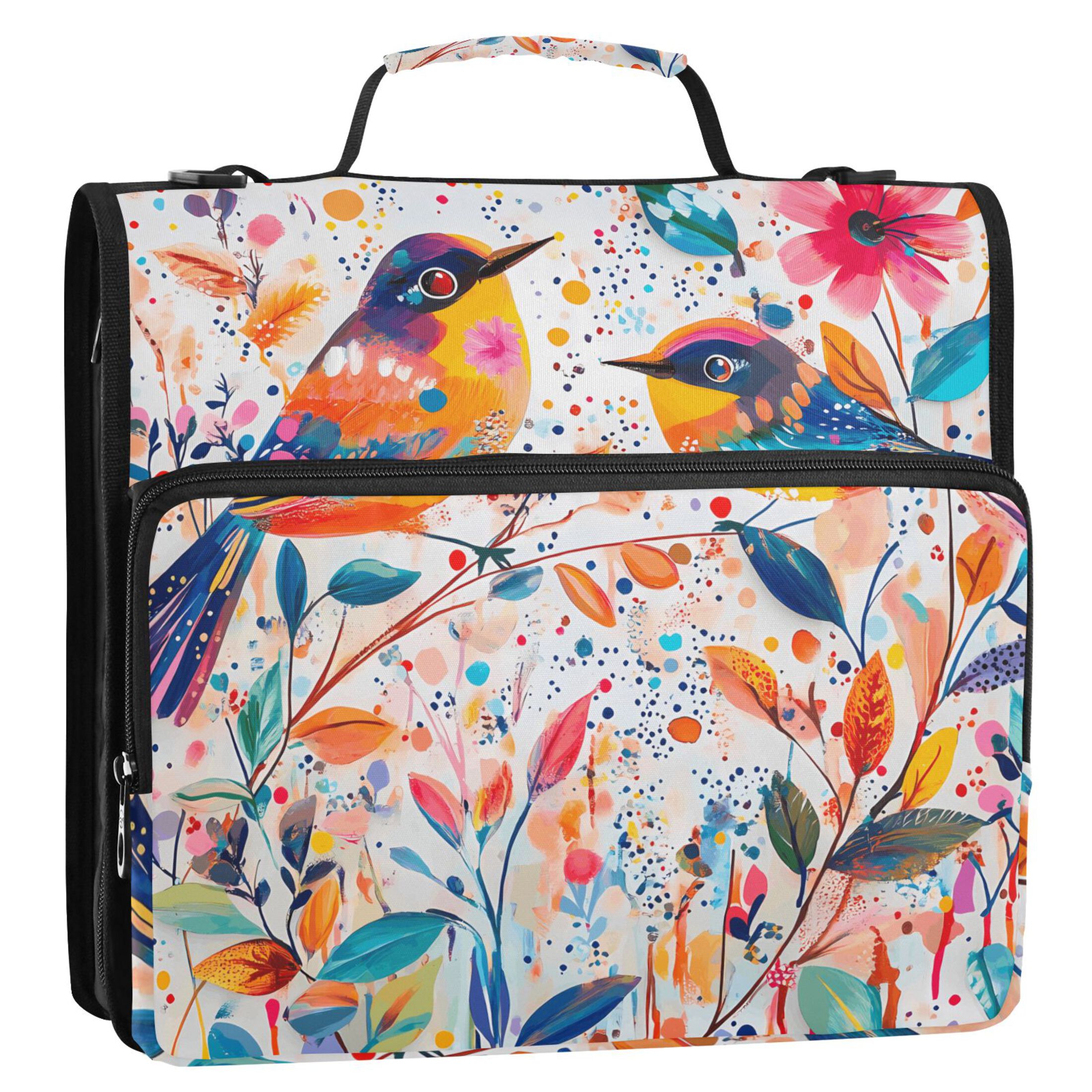 3 Ring Zipper Binder with Shoulder Strap Waterproof Trapper Keeper 2 Inch D-Ring 500 Sheets Capacity Abstract Birds and Flowers