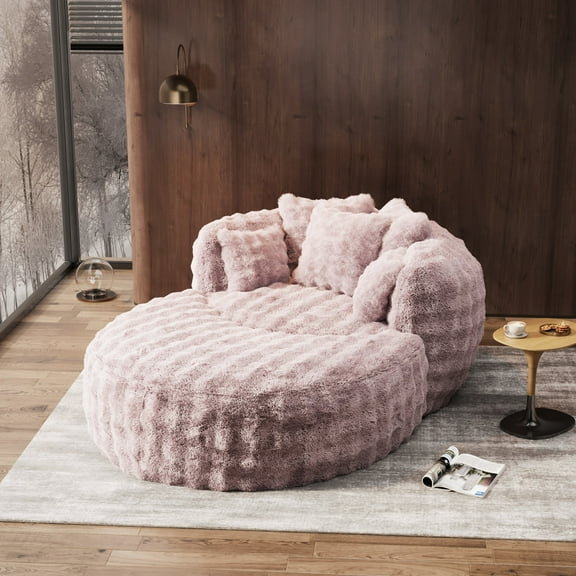 Wiilayok 55" W Oversized Chaise Lounge Chair Indoor Furniture, Compressed Round Deep Seat Cloud Sofa Couch with Ottoman,5 Pillows for Living Room, Bedroom, Pink